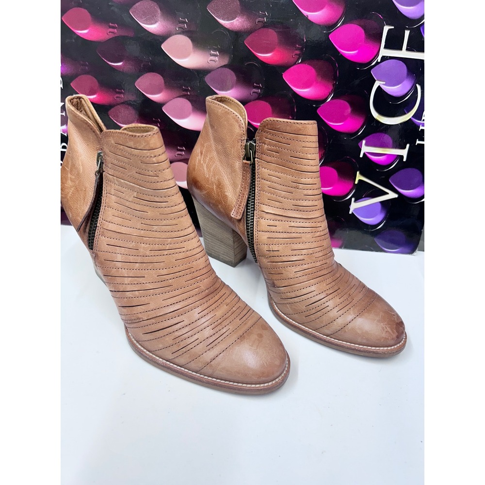 Paul Green Tan Leather Laser Cut Ankle Boots Side Zip Block Heel Austria 4.5/7
